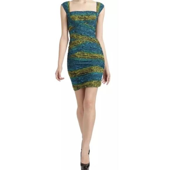 BCBGMAXAZRIA Blue and Green Snakeskin Print Cocktail Dress XS Size NWT - Picture 2 of 5
